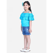 Generic Girl's Rayon Solid Cold Shoulder Top with Shorts (Blue)