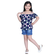 Generic Girl's Rayon Solid Cold Shoulder Top with Shorts (Navy Blue)