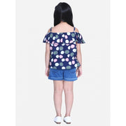 Generic Girl's Rayon Solid Cold Shoulder Top with Shorts (Navy Blue)