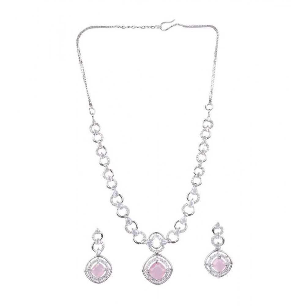 Generic Women's Brass Silver Plated Necklace set (Pink)