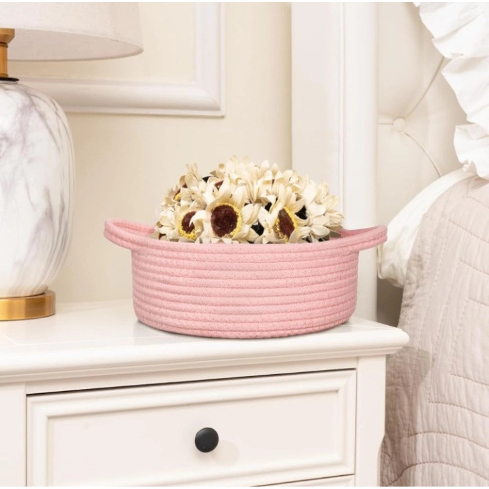 Generic Cotton 8x3 Inch Round Bedside Organizer With Out Lid (Pink)