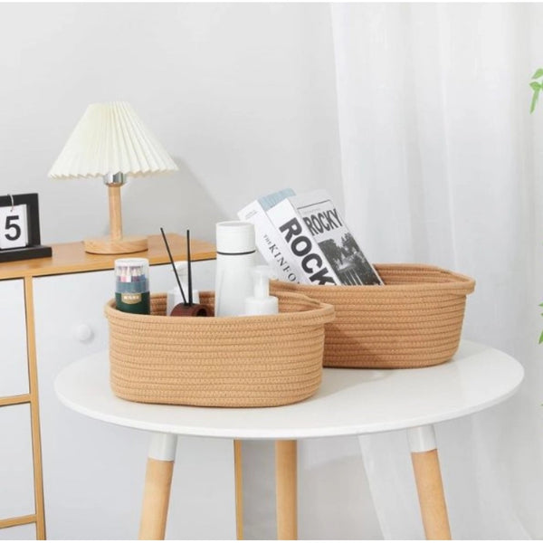 Generic Cotton 2 Pcs 10x7x4 Inch Oval Storage Basket For Clothes (Beige)