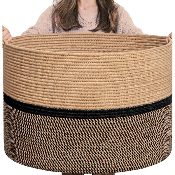 Generic Cotton Dori 16x14 Inch Storage Basket For Clothes With Out Lid (Beige-Beige-Black)