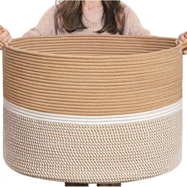 Generic Cotton Dori 16x14 Inch Storage Basket For Clothes With Out Lid (Beige-Beige-White)