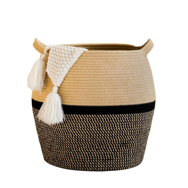 Generic Cotton Matka 14x12 Inch Storage Basket For Clothes With Out Lid (Beige-Black)