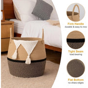 Generic Cotton Matka With Handle 14x12 Inch Storage Basket For Clothes With Out Lid (Beige-Black)