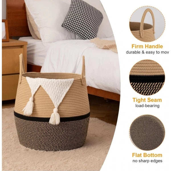 Generic Cotton Matka With Handle 14x12 Inch Storage Basket For Clothes With Out Lid (Beige-Black)
