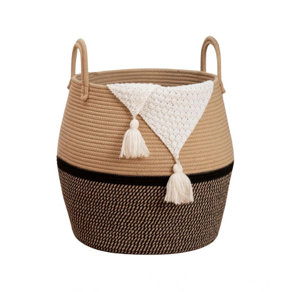 Generic Cotton Matka With Handle 14x12 Inch Storage Basket For Clothes With Out Lid (Beige-Black)