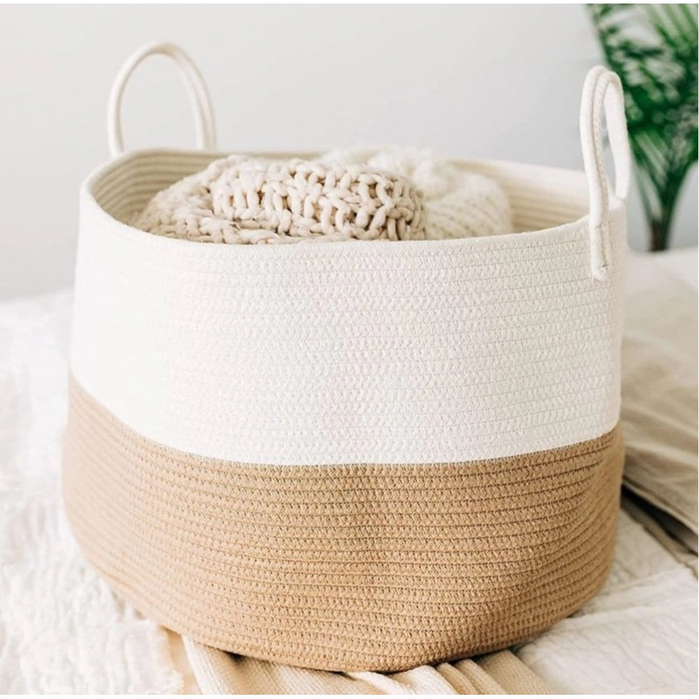 Generic Cotton Pack Of_1 12x14 Inch Laundry Storage Basket For Clothes (Beige-White)