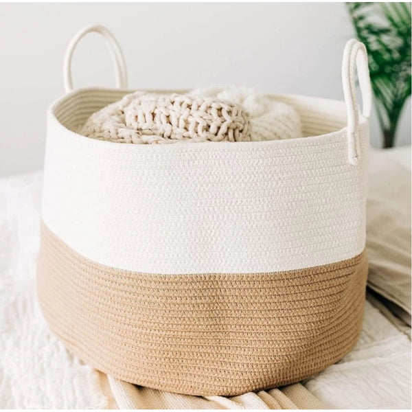 Generic Cotton Pack Of_1 12x14 Inch Laundry Storage Basket For Clothes (Beige-White)