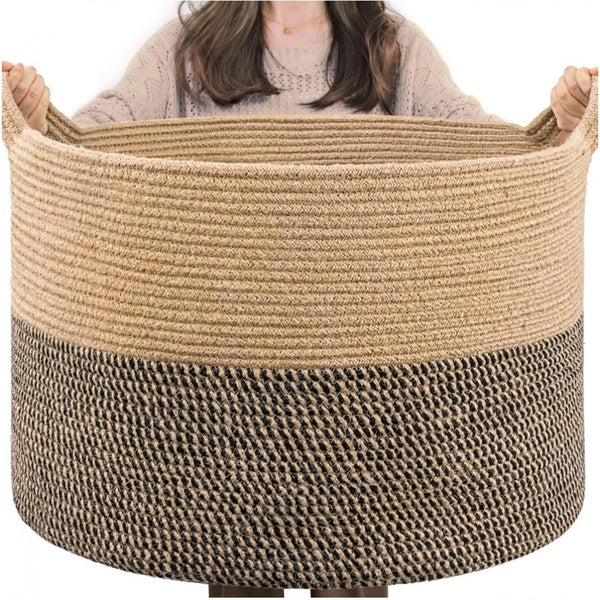 Generic Cotton Pack Of_1 16x14 Inch Storage Basket For Clothes With Out Lid (Beige-Beige-Black)