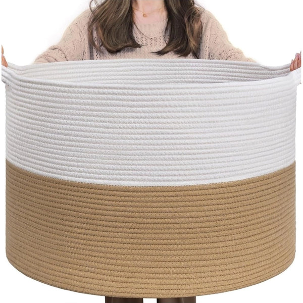 Generic Cotton Pack Of_1 16x14 Inch Storage Basket For Clothes With Out Lid (Beige-White)