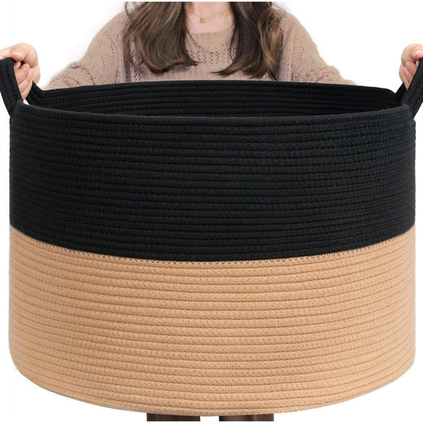 Generic Cotton Pack Of_1 16x14 Inch Storage Basket For Clothes With Out Lid (Black-Beige)