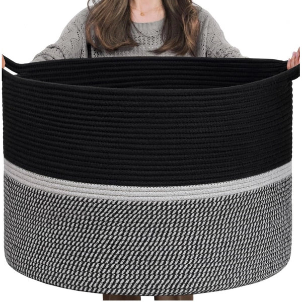 Generic Cotton Dori 16x14 Inch Storage Basket For Clothes With Out Lid (Black-Black-White)