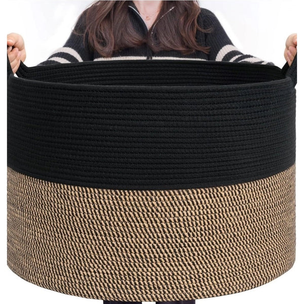 Generic Cotton Pack Of_1 16x14 Inch Storage Basket For Clothes With Out Lid (Black-Beige-Black)