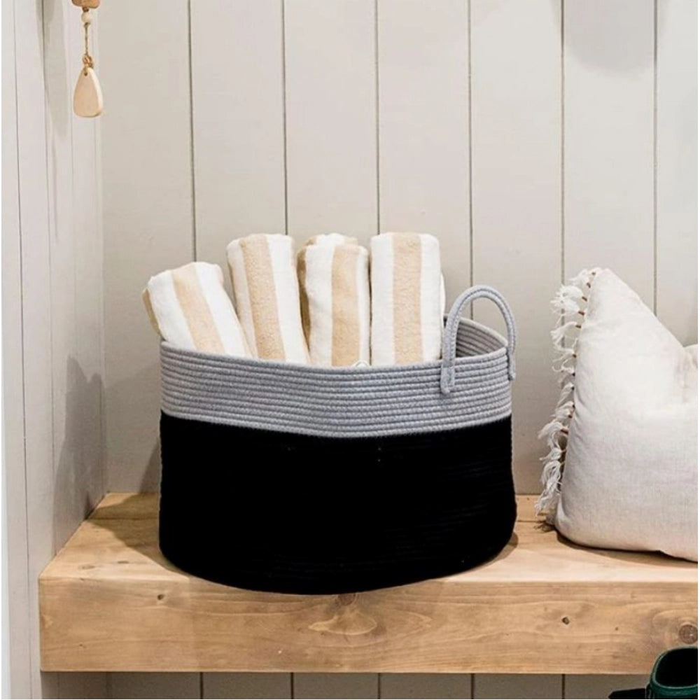 Generic Cotton Pack Of_1 14x12 Inch Laundry Storage Basket For Clothes (Grey-Black)