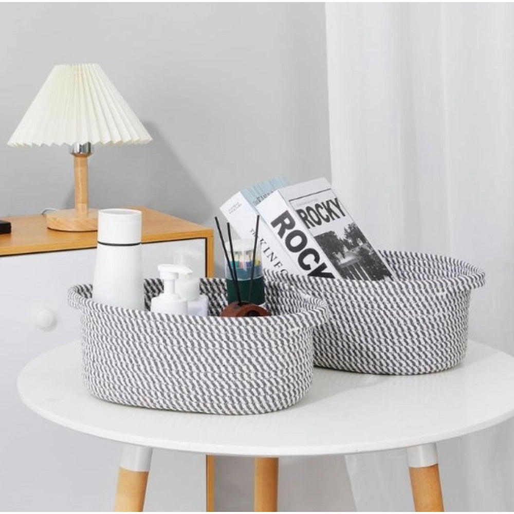 Generic Cotton 10x7x4 Inch 2 Pcs Oval Storage Basket For Clothes (Grey)