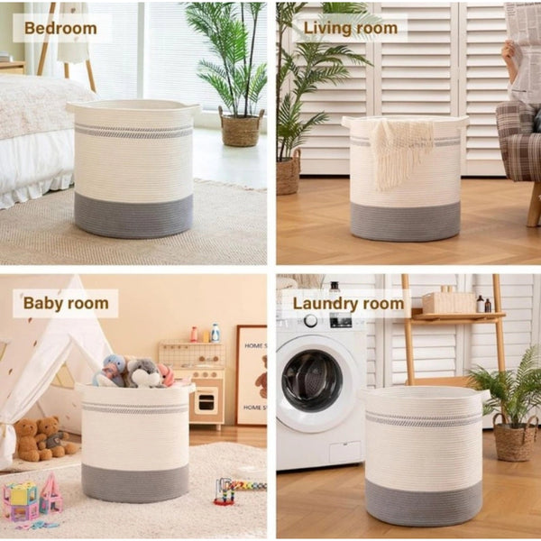 Generic Cotton Pack Of_1 12x14 Inch Storage Basket For Clothes (Grey-White)
