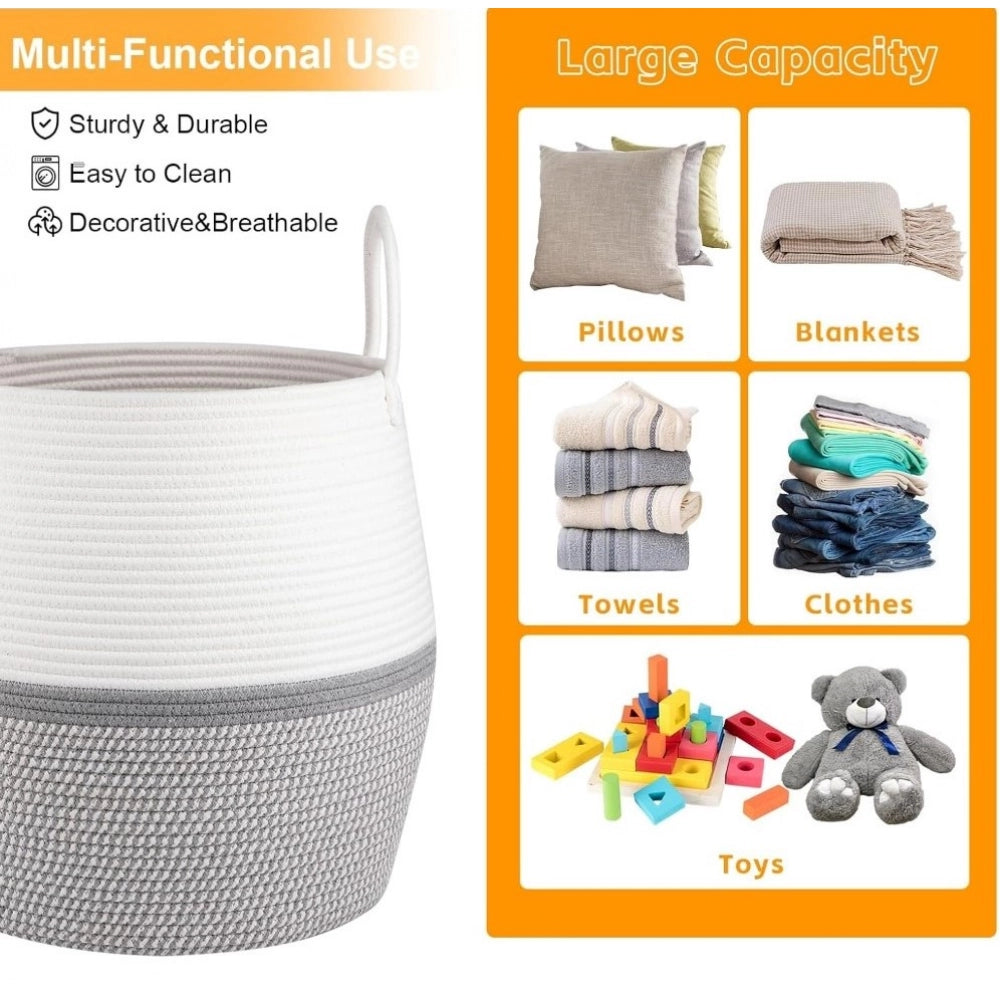 Generic Cotton Matka With Handle 14x12 Inch Storage Basket For Clothes With Out Lid (Gray-White)
