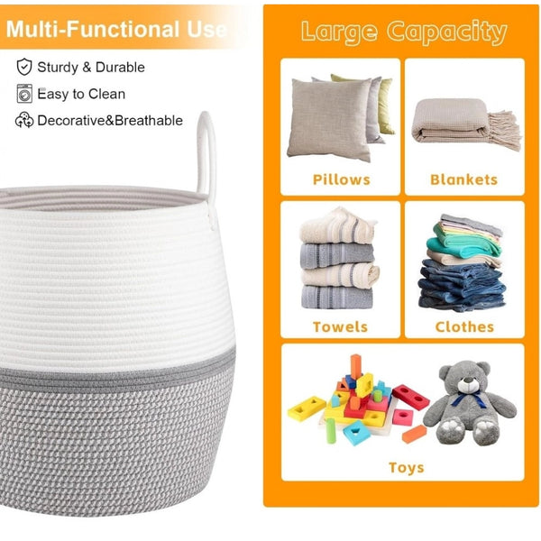 Generic Cotton Matka With Handle 14x12 Inch Storage Basket For Clothes With Out Lid (Gray-White)
