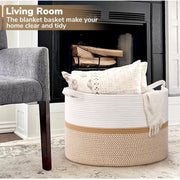 Generic Cotton Dori 16x14 Inch Storage Basket For Clothes With Out Lid (White-Beige-White)