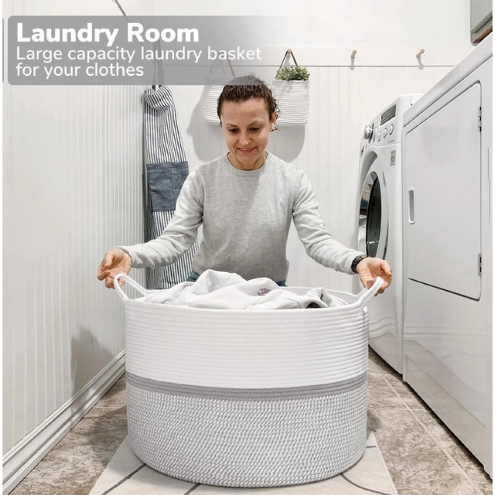 Generic Cotton Dori 16x14 Inch Storage Basket For Clothes With Out Lid (White-Gray-White)