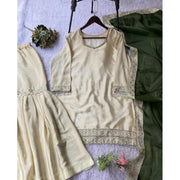 Generic Women's Silk Embroidered 3/4th Sleeve V-Neck Kurti With Sharara Pant and Dupatta Set (Cream &amp; Green)