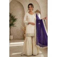 Generic Women's Silk Embroidered 3/4th Sleeve V-Neck Kurti With Sharara Pant and Dupatta Set (Cream &amp; Purple)