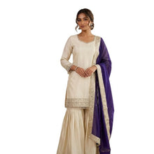 Generic Women's Silk Embroidered 3/4th Sleeve V-Neck Kurti With Sharara Pant and Dupatta Set (Cream &amp; Purple)