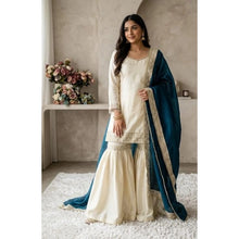 Generic Women's Silk Embroidered 3/4th Sleeve V-Neck Kurti With Sharara Pant and Dupatta Set (Cream &amp; Teal)