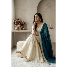 Generic Women's Silk Embroidered 3/4th Sleeve V-Neck Kurti With Sharara Pant and Dupatta Set (Cream &amp; Teal)