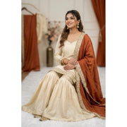 Generic Women's Silk Embroidered 3/4th Sleeve V-Neck Kurti With Sharara Pant and Dupatta Set (Cream &amp; Orange)