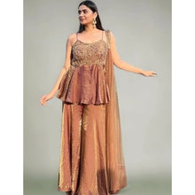 Generic Women's Silk Embroidered Sleeveless Round Kurti With Palazzo Pant and Dupatta Set (Brown)