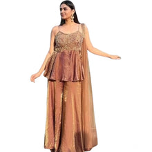 Generic Women's Silk Embroidered Sleeveless Round Kurti With Palazzo Pant and Dupatta Set (Brown)