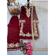 Generic Women's Silk Embroidered 3/4th Sleeve Round Kurti With Palazzo Pant and Dupatta Set (Maroon)