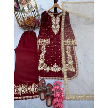Generic Women's Silk Embroidered 3/4th Sleeve Round Kurti With Palazzo Pant and Dupatta Set (Maroon)