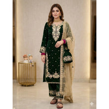 Generic Women's Silk Embroidered 3/4th Sleeve Round Kurti With Palazzo Pant and Dupatta Set (Dark Green)