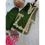 Generic Women's Silk Embroidered 3/4th Sleeve Round Kurti With Palazzo Pant and Dupatta Set (Dark Green)