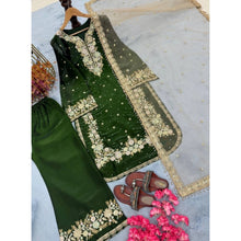 Generic Women's Silk Embroidered 3/4th Sleeve Round Kurti With Palazzo Pant and Dupatta Set (Dark Green)