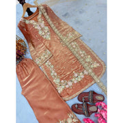 Generic Women's Silk Embroidered 3/4th Sleeve Round Kurti With Palazzo Pant and Dupatta Set (Orange)