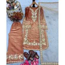 Generic Women's Silk Embroidered 3/4th Sleeve Round Kurti With Palazzo Pant and Dupatta Set (Orange)