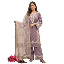 Generic Women's Silk Embroidered 3/4th Sleeve Round Kurti With Palazzo Pant and Dupatta Set (Lavender)