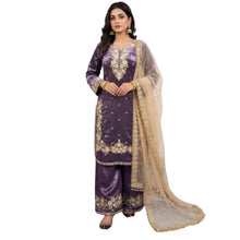 Generic Women's Silk Embroidered 3/4th Sleeve Round Kurti With Palazzo Pant and Dupatta Set (Purple)