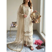 Generic Women's Silk Embroidered 3/4th Sleeve Round Kurti With Palazzo Pant and Dupatta Set (White)