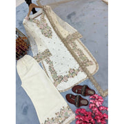 Generic Women's Silk Embroidered 3/4th Sleeve Round Kurti With Palazzo Pant and Dupatta Set (White)