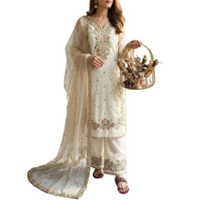 Generic Women's Silk Embroidered 3/4th Sleeve Round Kurti With Palazzo Pant and Dupatta Set (White)