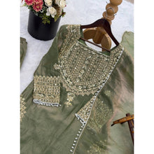Generic Women's Silk Embroidered 3/4th Sleeve Round Kurti With Sharara Pant and Dupatta Set (Green)