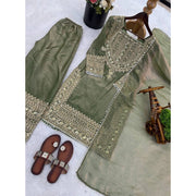 Generic Women's Silk Embroidered 3/4th Sleeve Round Kurti With Sharara Pant and Dupatta Set (Green)