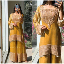 Generic Women's Silk Embroidered 3/4th Sleeve Round Kurti With Sharara Pant and Dupatta Set (Yellow)