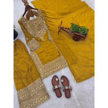 Generic Women's Silk Embroidered 3/4th Sleeve Round Kurti With Sharara Pant and Dupatta Set (Yellow)